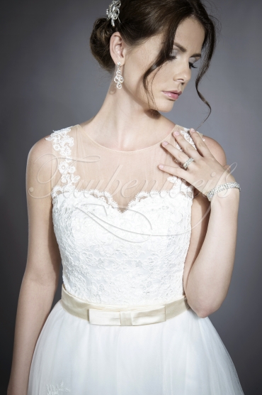 Brautkleid TW0035B - A-Linie Tüll Spitze Knopfleiste farbiges Band Tattoospitze 2