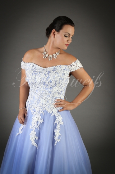 Brautkleid TW0101B - blau A-Linie Tüll Spitze Carmen-Ausschnitt Blüten Schleppe 2