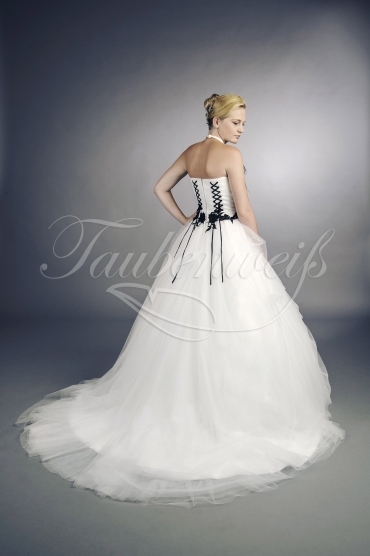 Brautkleid TW0129B - schwarz weiß A-Linie extravagant Federn Neckholder Gothic 3