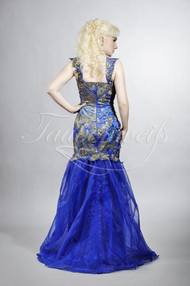 Abendkleid TW0017A - Abendkleid dunkelblau gold Pfau Organza Träger 3