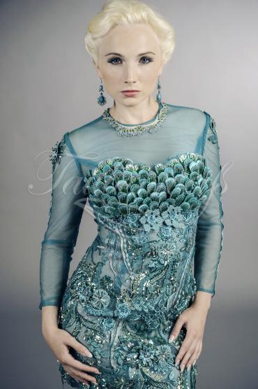 Abendkleid TW0033A - Abendkleid sexy transparent durchsichtig Langarm Tüll Pfau 2