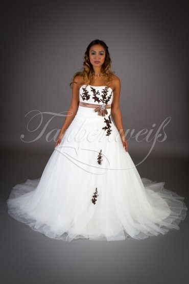 Brautkleid TW0036B - A-Linie Tüll schokobraun farbiges Band Spitze Perlen romantisch