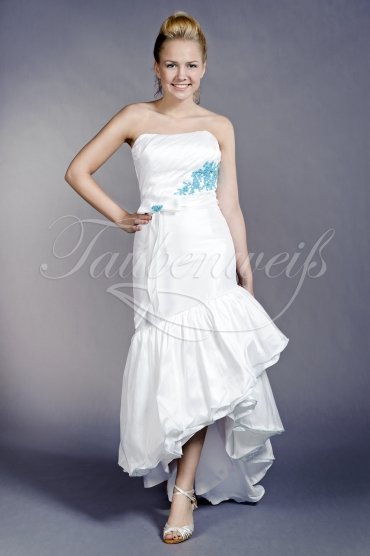 Brautkleid TW0079B - Taft asymmetrisch Vokuhila blau Spitze Schleife