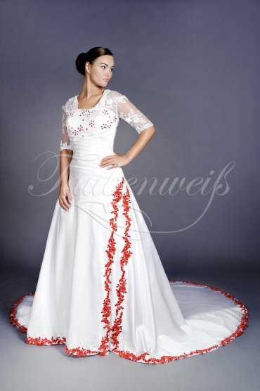 Brautkleid TW0113B - A-Linie Satin Spitze Ärmel rot Schnürung Schleppe