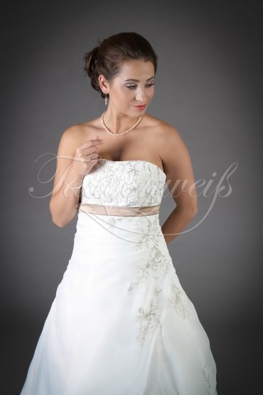 Brautkleid TW0146B - A-Linie Organza silberne Stickerei braunes Band Schnürung 2