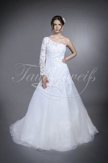 Brautkleid TW0198B - asymmetrisch ein Ärmel A-Linie Organza Tüll Spitze Perlen abnehmbare Schleppe 1